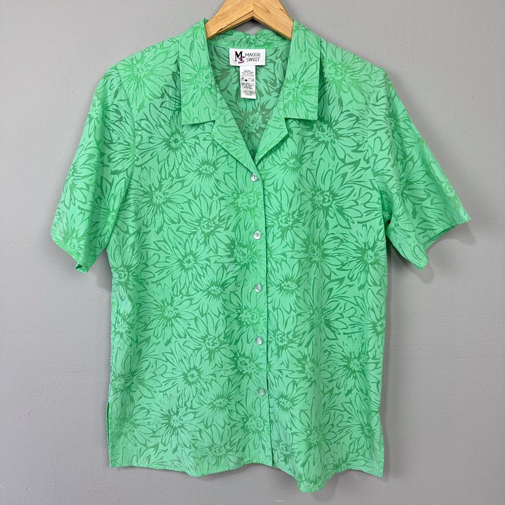 Vintage Green Floral Burnout Blouse Size M‎ Maggie Sweet Retro Granny Statement